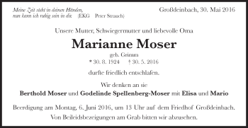 Traueranzeige von Marianne Moser von Gmünder Tagespost