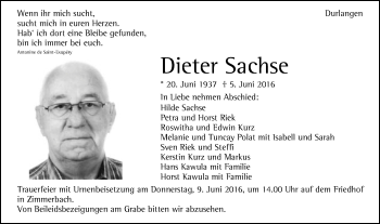 Traueranzeige von Dieter Sachse von Gmünder Tagespost