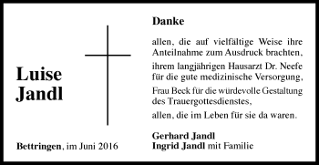 Traueranzeige von Luise Jandl von Gmünder Tagespost