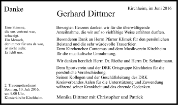 Traueranzeige von Gerhard Dittmer von Schwäbische Post