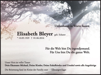 Traueranzeige von Elisabeth Bleyer von Schwäbische Post