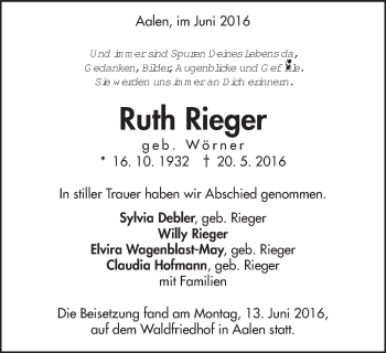 Traueranzeige von Ruth Rieger von Schwäbische Post