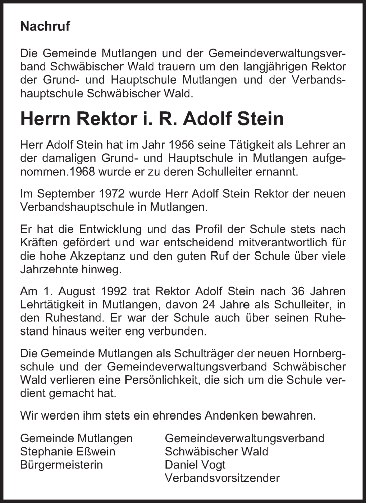  Traueranzeige für Adolf Stein vom 11.06.2016 aus Gmünder Tagespost