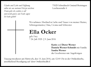Traueranzeige von Ella Ocker von Gmünder Tagespost
