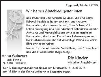 Traueranzeige von Anna Schwarz von Schwäbische Post