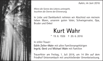 Traueranzeige von Kurt Wahr von Schwäbische Post