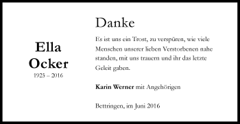 Traueranzeige von Ella Ocker von Gmünder Tagespost
