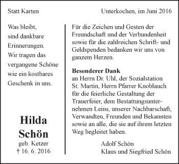 Traueranzeige von Hilda Schön von Schwäbische Post