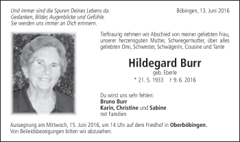 Traueranzeige von Hildegard Burr von OstalbTrauer