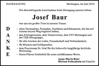 Traueranzeige von Josef Baur von Gmünder Tagespost