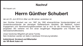 Traueranzeige von Günther Schubert von Schwäbische Post