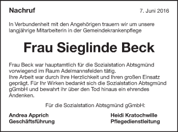 Traueranzeige von Sieglinde Beck von Schwäbische Post