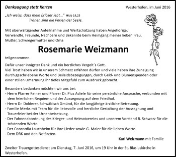 Traueranzeige von Rosemarie Weizmann von Schwäbische Post