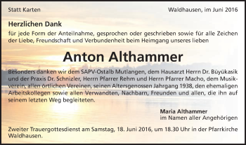 Traueranzeige von Anton Althammer von Schwäbische Post