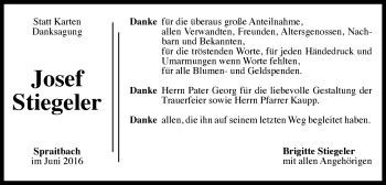 Traueranzeige von Josef Stiegeler von Gmünder Tagespost