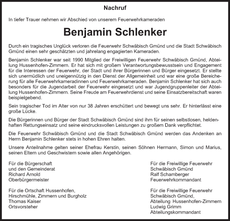  Traueranzeige für Benjamin Schlenker vom 03.06.2016 aus Gmünder Tagespost