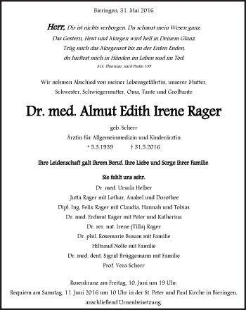 Traueranzeige von Almut Edith Irene Rager von Gmünder Tagespost