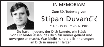 Traueranzeige von Stipan Duvancic von Gmünder Tagespost