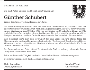 Traueranzeige von Günther Schubert von Schwäbische Post