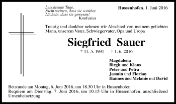 Traueranzeige von Siegfried Sauer von Gmünder Tagespost