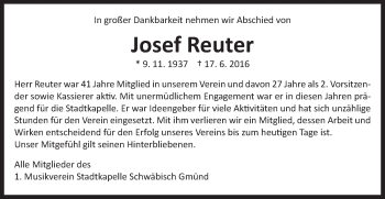 Traueranzeige von Josef Reuter von Gmünder Tagespost