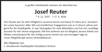 Traueranzeige von Josef Reuter