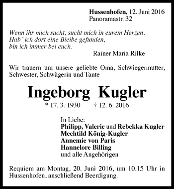 Traueranzeige von Ingeborg Kugler von Gmünder Tagespost