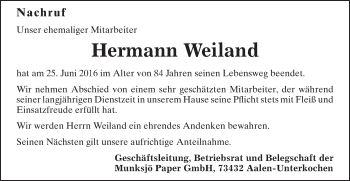 Traueranzeige von Hermann Weiland von Schwäbische Post