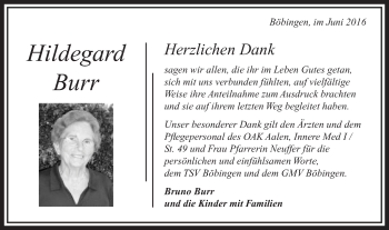 Traueranzeige von Hildegard Burr von Schwäbische Post