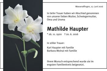 Traueranzeige von Mathilde Haupter von Schwäbische Post