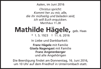 Traueranzeige von Mathilde Hägele von Schwäbische Post
