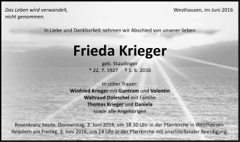 Traueranzeige von Frieda Krieger von Schwäbische Post