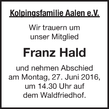 Traueranzeige von Franz Hald von Schwäbische Post