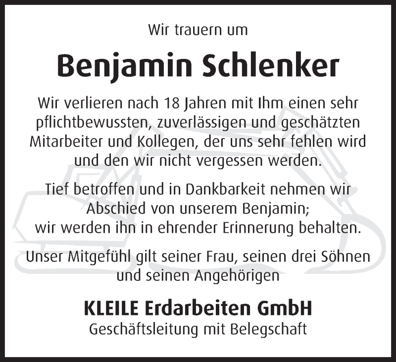  Traueranzeige für Benjamin Schlenker vom 02.06.2016 aus Gmünder Tagespost