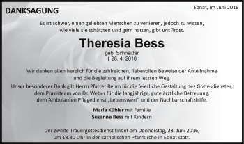 Traueranzeige von Theresia Bess von OstalbTrauer