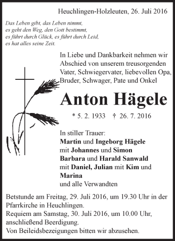 Traueranzeige von Anton Hägele von Gmünder Tagespost