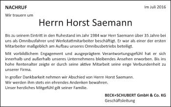 Traueranzeige von Horst Saemann von Schwäbische Post