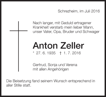 Traueranzeige von Anton Zeller von Schwäbische Post
