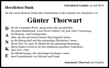 Traueranzeige von Günter Thorwart von Gmünder Tagespost