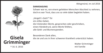 Traueranzeige von Gisela Rosa Grimminger von Schwäbische Post