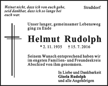 Traueranzeige von Helmut Rudolph von Gmünder Tagespost