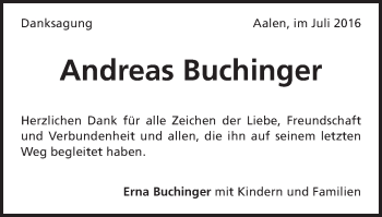 Traueranzeige von Andreas Buchinger von Schwäbische Post