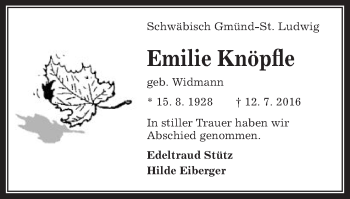 Traueranzeige von Emilie Knöpfle von Gmünder Tagespost