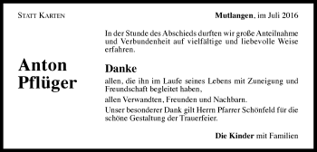 Traueranzeige von Anton Pflüger von Gmünder Tagespost