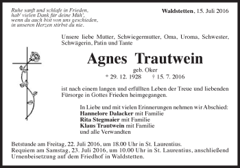 Traueranzeige von Agnes Trautwein von Gmünder Tagespost