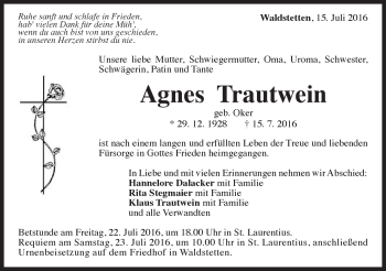 Traueranzeige von Agnes Trautwein