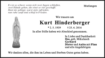 Traueranzeige von Kurt Hinderberger von Gmünder Tagespost