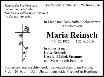Traueranzeige von Maria Reinsch von Schwäbische Post