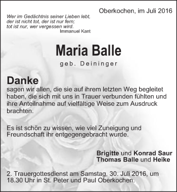 Traueranzeige von Maria Balle von Amtsblatt_Oko