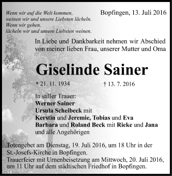 Traueranzeige von Giselinde Sainer von OstalbTrauer